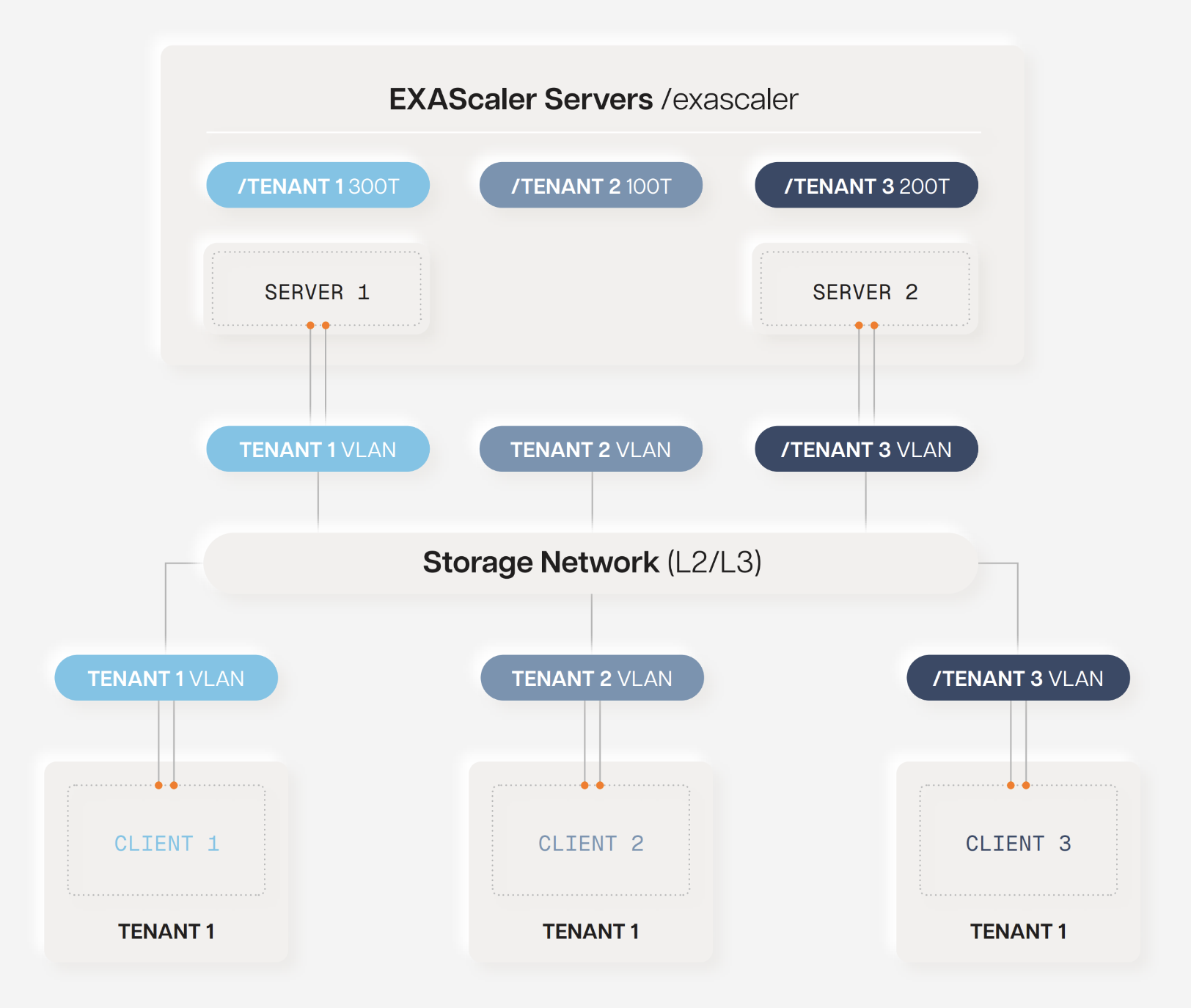 Storage multi-tenancy architecture: EXAScaler servers expose per-tenant volumes over dedicated tenant VLANs across the L2/L3 storage network, so each tenant's clients reach only their own subtree.
