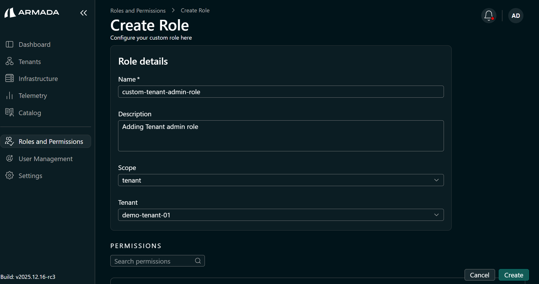 Tenant Admin role — details form