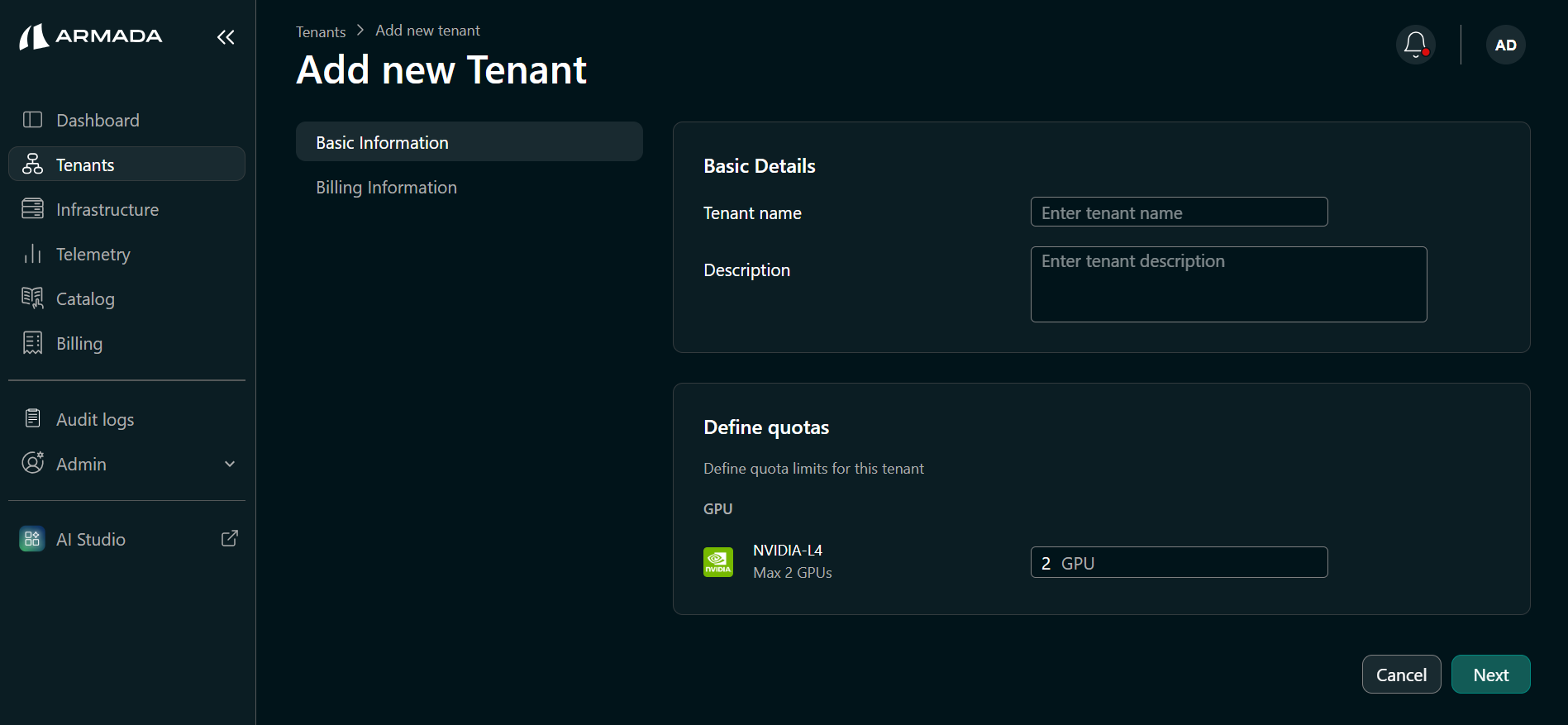 Tenant creation form
