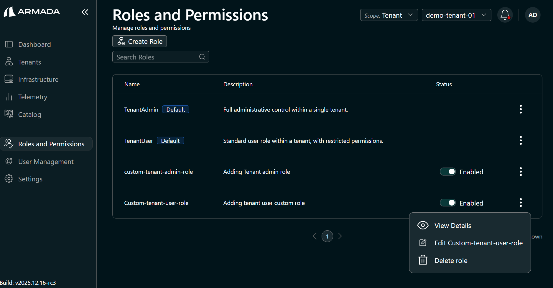 Tenant User role — view details menu