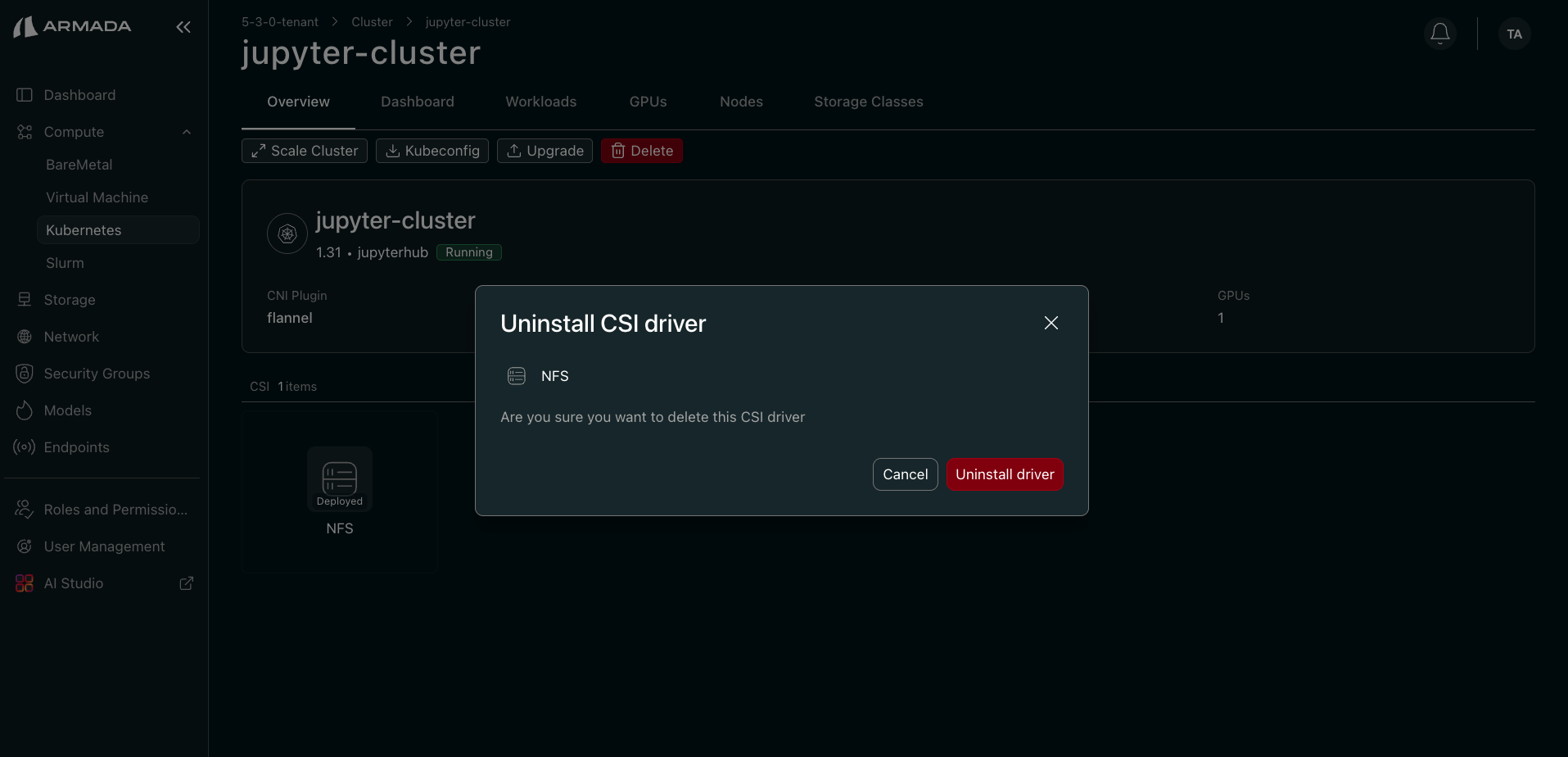 Uninstall CSI driver dialog