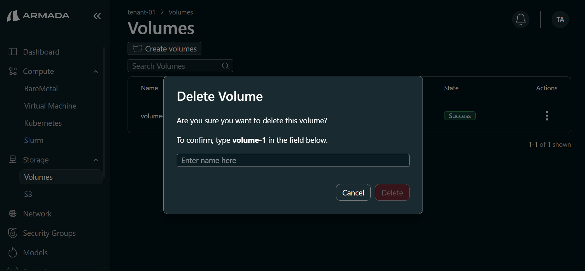 Confirm volume deletion