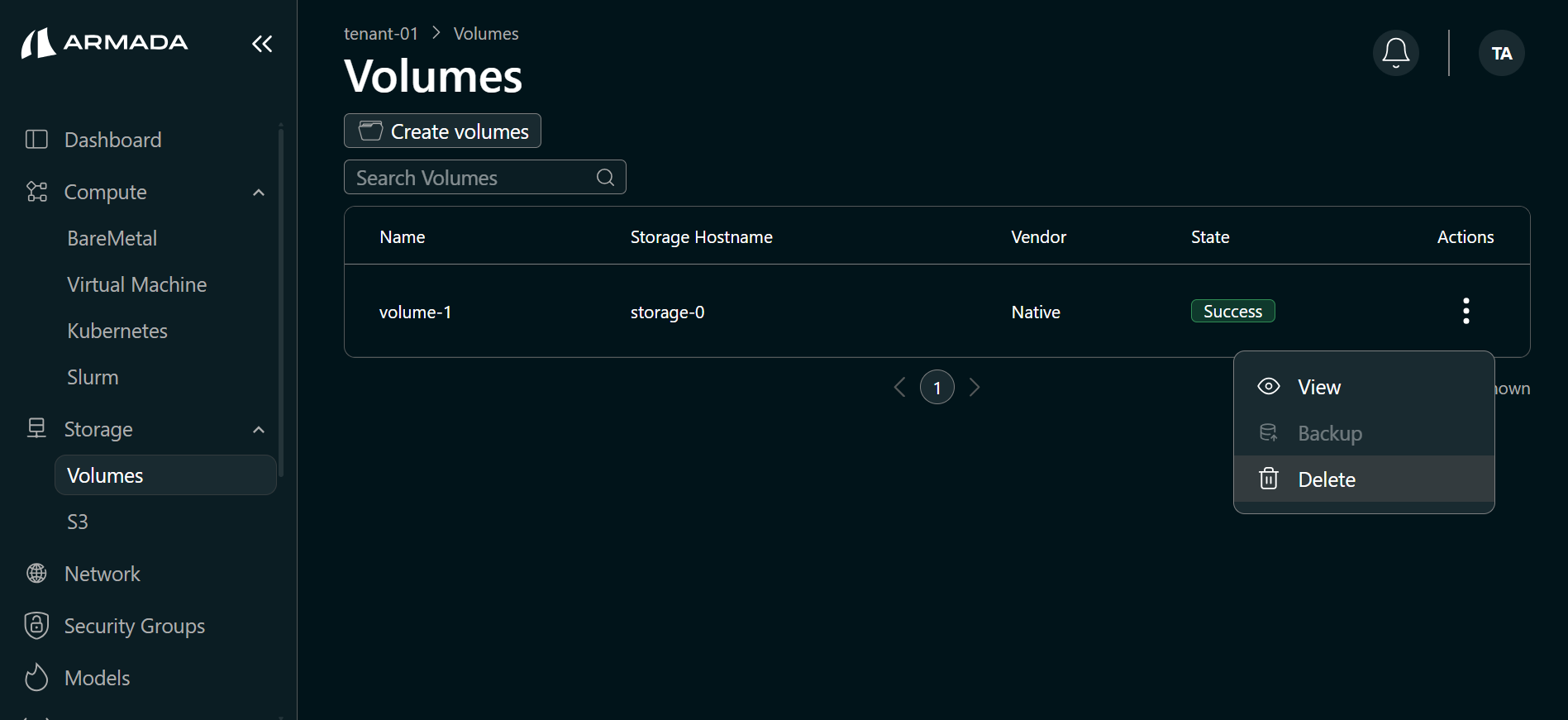 Volume delete menu