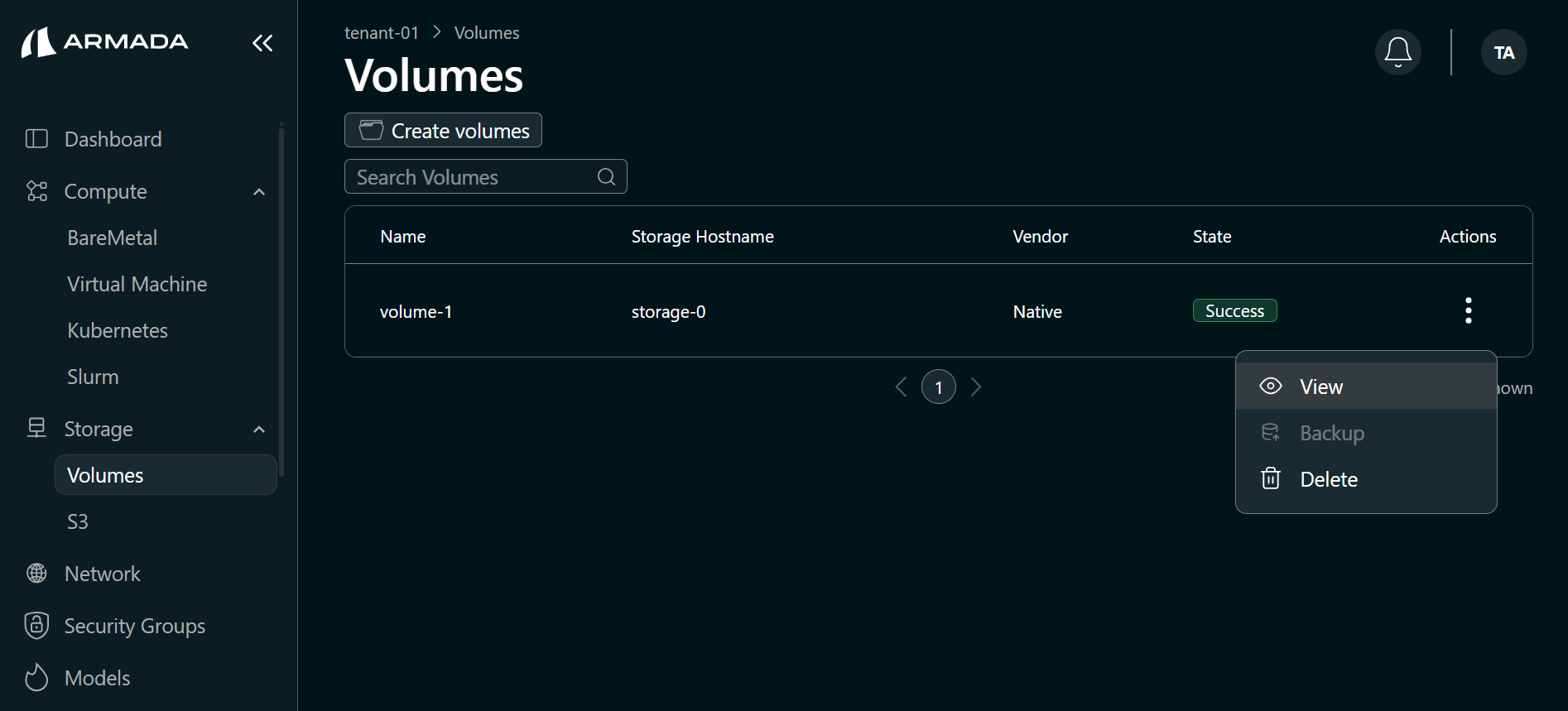Volume view menu